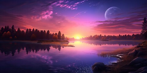 Wall Mural - AI Generated. AI Generative. Purple pink color sunset evening nature outdoor lake with mountains landscape background. Graphic Art