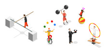 3D Isometric Flat  Set Of Circus Characters, Clown, Strongman, Acrobats, Trained Animals, Hooper, Juggling Unicyclist
