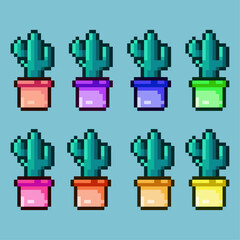 Poster - Pixel art sets of cactus plant decoration with variation color item asset simple bits of cactus on pixelated style 8bits perfect for game asset or design asset element for your game design asset