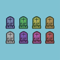 Poster - Pixel art sets of RIP grave halloween with variation color item asset simple bits of grave on pixelated style 8bits perfect for game asset or design asset element for your game design asset