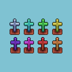 Fototapete - Pixel art sets of RIP grave halloween with variation color item asset simple bits of grave on pixelated style 8bits perfect for game asset or design asset element for your game design asset