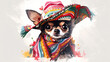 Cute chihuahua puppy in a poncho and sombrero hat on a light background