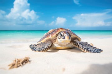 Wall Mural - turtle sea walking on white sand beach, with beautiful sea background in summer