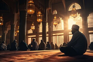 Wall Mural - Muslim people praying in the mosque at sunset background.