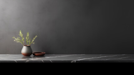 Wall Mural - Empty table black marble countertop with a black wall background. 
