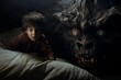 A chilling depiction showcases a bed demon looming ominously next to an unsuspecting child, creating a powerful image of contrast, tension, and underlying darkness.