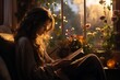 Framed by the window's embrace, a person is engrossed in a book, the soft natural light enhancing the atmosphere of serenity and introspection.