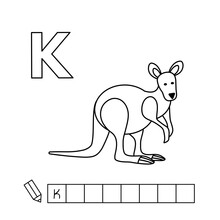 Cartoon Kangaroo Coloring Pages. Learning Game For Small Children - Write A Word In English Language. Vector Alphabet For Kids