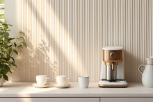 An Elegant Interior Of A Kitchen Counter And Coffee Maker With Utensil