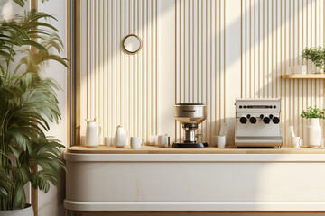 an elegant interior of a kitchen counter and coffee maker with utensil