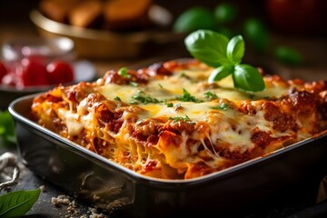 Freshly baked Lasagne food photography, product shoot for cookbook, Christmas themed decorations, High resolution