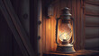The vintage kerosene lamp light with dusty glass hanging on the farmhouse's wooden door illustration and background, Ai generated image