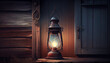 The vintage kerosene lamp light with dusty glass hanging on the farmhouse's wooden door illustration and background, Ai generated image