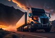 Truck driving on the asphalt road in a beautiful landscape at sunset with dark clouds