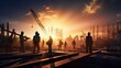 Silhouettes of Engineers and workers inspecting a project on a building site background, construction site at sunset, Generative AI