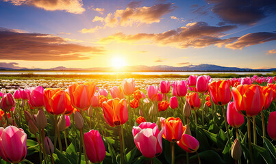 Canvas Print - Golden sun illuminates a vast field of vibrant tulips.