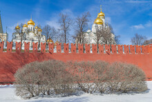 Moscow, Russia; March 25 2018: Kremlin Wall With Snow And Dry Vegetation, And Churches With Blue Sky Background