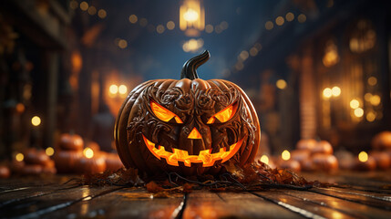 Poster - Big halloween pumpin lightining on rustic wooden floor in the night scene