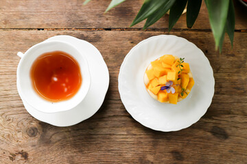 Wall Mural - mango cake or mango cheese cake , mango cheese pie and hot tea