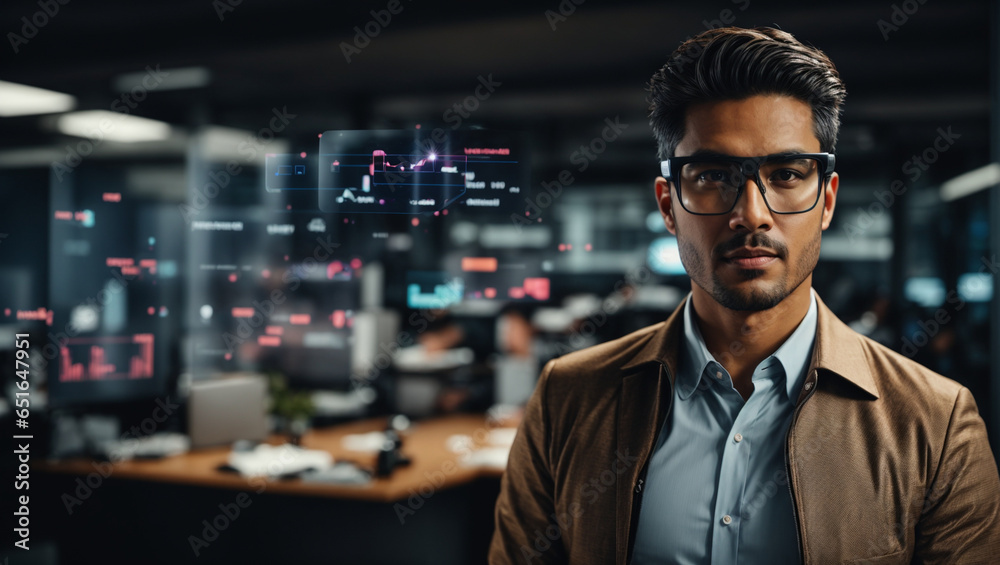 Businessman in the city, professional using augmented reality glasses ...