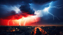 Wrath Of God. Red And Blue Stormy Sky With Lightnings Over A City Skyline 