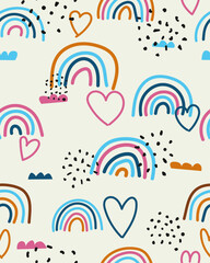 Poster - Children's drawing of rainbows and hearts. Vector pattern of childish hand drawn rainbows, cute design.