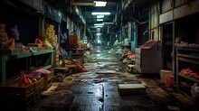 Capturing The Haunting Allure Of An Abandoned Underground Market, Deserted Stalls And Pathways Evoke Memories Of Its Bustling History.