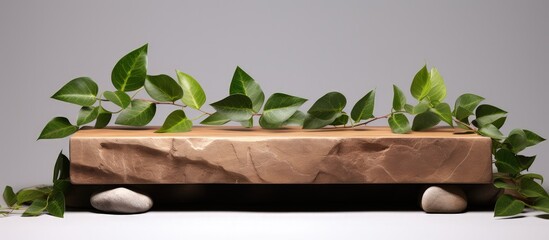 Poster - Front facing wooden podium adorned with green foliage and stones serving as an abstract stand for exhibiting and showcasing organic cosmetics