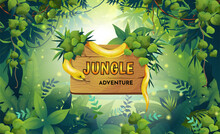 Jungle Background. Cartoon Tropical Forest And Wooden Board With Spake, Rainforest Garden, Tropic Tree In Magic Nature Plant Wood, Green Frame. Backdrop With Signboard. Vector Game Design