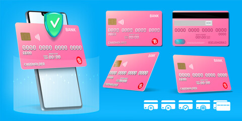 Aufkleber - 3D credit card design. Bank payment in phone. Online app. Wallet mockup of smartphone. Financial transfer icons. Mobile application for banking account. Transaction safety. Vector concept