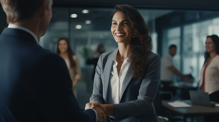 portrait of a business woman shaking hands with co worker