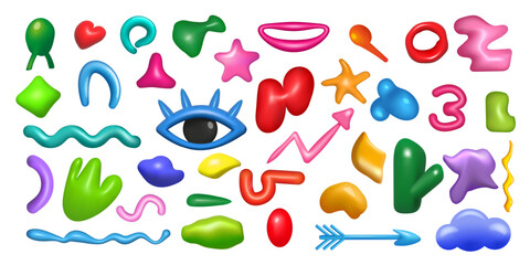 Poster - 3D abstract shapes. Doodle liquid art. Cartoon eye and arrows. Fluid geometric glossy figures. Memphis simple icons. Cloud and stars. Color render elements set. Vector plastic design