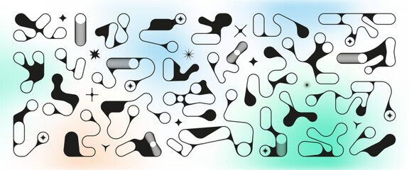 Poster - Y2k shapes. Abstract gradient figures. Modern geometry black forms. Random geometric icons. Brutalism silhouettes. Minimal circles and stars. Contemporary art. Vector graphic symbols set