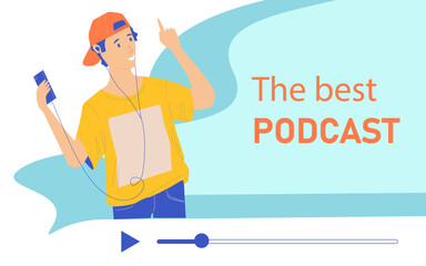 Poster - People listen to music. Happy teenager with phones and headset. Podcast streaming. Audiobook enjoying. Online technology. Guy with headphones. Radio broadcasting. Vector cartoon banner