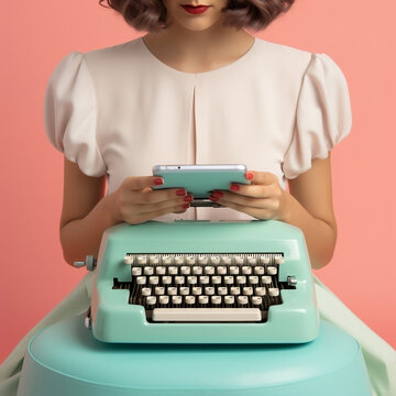 Woman sitting in front of a typewriter with a phone in her hands, in front of a typewriter. Vintage. Pastel.