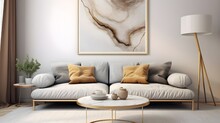 Round Golden Coffee Table With Marble Stone Top Near Gray Curved Sofa Against Beige Wall With Big Art Poster Frame. Minimalist Scandinavian Home Interior Design Of Modern Living Room. Generate AI 