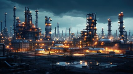 Wall Mural - the towering structures and intricate network of pipes and machinery at an oil refinery, highlighting the scale and complexity of the petrochemical industry.