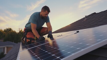 A men installing solar panels on a roof, symbolizing his commitment to renewable energy and sustainability.