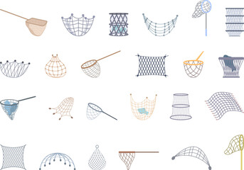 fish net icons set cartoon vector. hunting fishing. sea gear