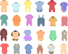 Romper Icons Set Cartoon Vector. Baby Fashion. Girl Overall