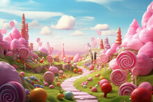 Colorful Pastel Candy Landscape. Pink Castle Or Palace In The Land Of Sweets. Road Among Sweets And Lollipops