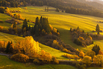 Wall Mural - Autumn rural landscape at sunset. The Orava region of Slovakia, Europe.