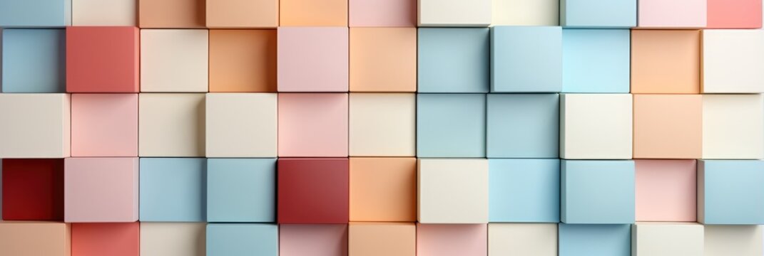Abstract texture wall with colorful squares and rectangles for background banner. Illustration panorama. Textured 3d geometric wallpaper.
