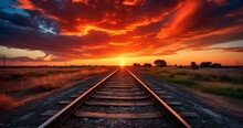 Long Stretch Of Railroad Tracks, Leading Into A Dramatic Sunset With Clouds Painting The Sky