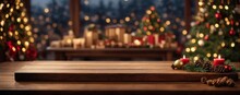 Table Shot Of Wooden Table With Christmas Decoration In A Cozy Looking Room For Product Or Text Placement. Generative AI.