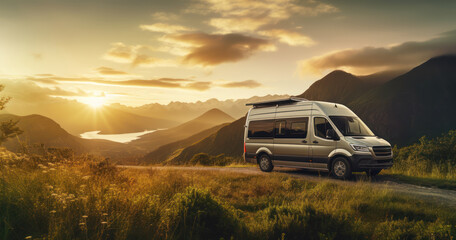 Minimalist van converted into a mobile home, parked amidst nature showcasing a life on the road