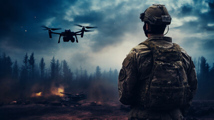 a military man controls a small drone. AI generative