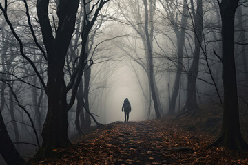 person walking in the fog through a forest trail, generative ai 