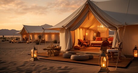 Luxury tents set against a scenic backdrop, offering a blend of comfort and nature