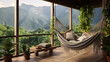 © ds17 - Interior of a cozy balcony with a hammock and a view of the mountain landscape